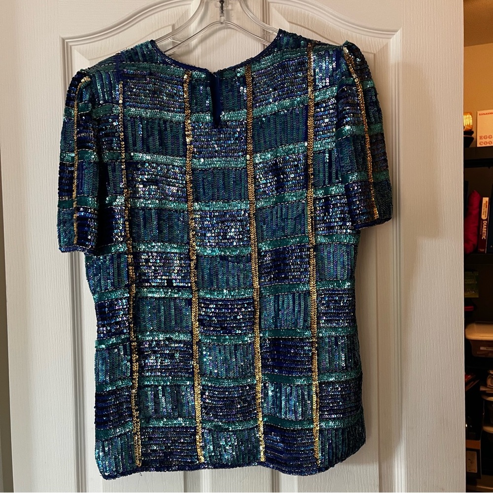 Creative Recreation Blue and Green Sequin Blouse with Mandarin Collar
